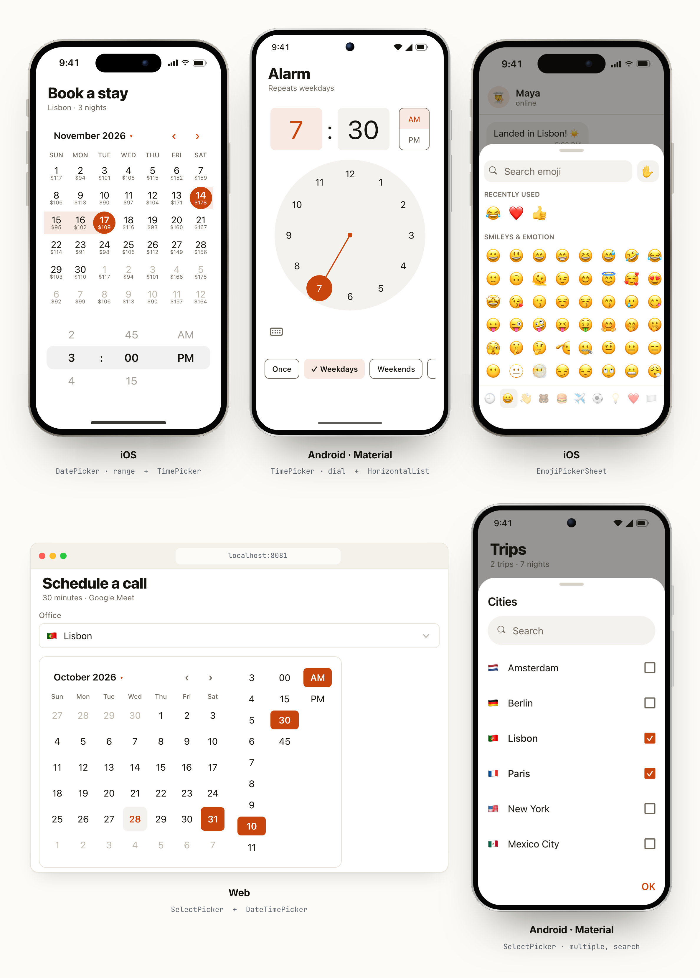 React Native date range picker, time picker, emoji picker, select picker and date-time picker
